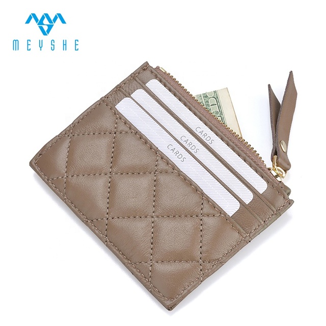 Custom Khaki Sheepskin Leather Women RFID Blocking Slim Mini Credit Card Holder Zipper Coin Pocket Waterproof