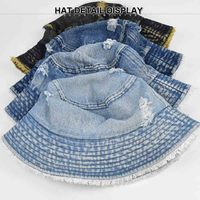 Topi Bucket Denim Vintage Berwarna Khusus dengan Logo Kustom, Pinggiran Berjumbai, untuk Pesta dan Penggunaan Sehari-hari