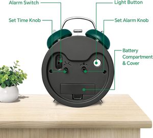 Réveil analogique silencieux à quartz de 4,5 pouces avec double <span class=keywords><strong>cloche</strong></span> pour les gros dormeurs, horloge de table en métal, cadran à contraste élevé, rétroéclairage double - Product Image 6