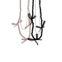 Kalung Rantai Bambu Tembaga Kristal Buatan Laboratorium Warna Pink dengan Aksen Pita Manis dan Trendi untuk Wanita, Choker Sporty Berani, Desain Niche Kelas Atas