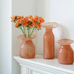 Bixuan Handblown Solid Color Glass Flower Arrangement Vase Rose Coral Opal Color Glass Table Decor Centerpiece Tall Vases