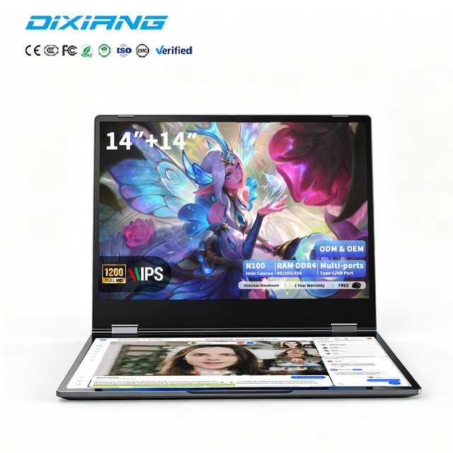Laptop 2 in 1 OEM 14 Inch + 14 Inch Dual Touch Screen Win 11 16GB 128GB SSD Intel Core N100 Gaming Business Notebook Computer