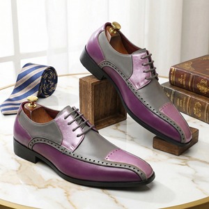 2026 Trending Pointed Toe Business Formal Oxfords British Breathable Lace-Up Color <b>Block</b> Leather Shoes for Men - Product Image 3