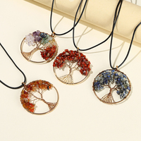 Collier Pendentif Arbre de Vie Style Vintage Design Caractéristique JD Sept Chakras avec Gravier, Chaîne en Corde, Alliage de Cuivre, Pierre Naturelle