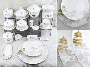 ชุดอาหารหรูหราลายภูเขาภูเขาน้ำหนักเบา 45% ทำจากเซรามิกเนื้อละเอียดคุณภาพสูง ขอบทองลายนูน สำหรับโรงแรม งานแต่งงาน และงานเลี้ยง - Product Image 2