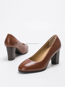 Zapatos de tacón alto marrón de cuero genuino para mujer, cómodos zapatos de tacón grueso con punta cerrada para oficina, zapatos de moda para verano y otoño - Product Image 2