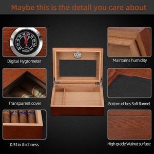 صندوق سيجار خشبي فاخر مصنوع يدويًا بتصميم عتيق مع غطاء زجاجي ومقياس رطوبة ومرطب ومقسم، محمول وفاخر - Product Image 4