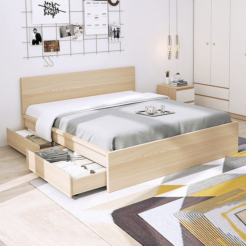 MDF Board Bed, Wooden Furniture Frame with 4 Storage Drawers, Full Double Queen King Size Bedroom Furniture