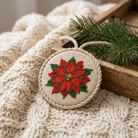 Ornement de Noël vintage en point de croix Poinsettia, broderie en laine pour décoration de sapin de Noël artisanale de luxe