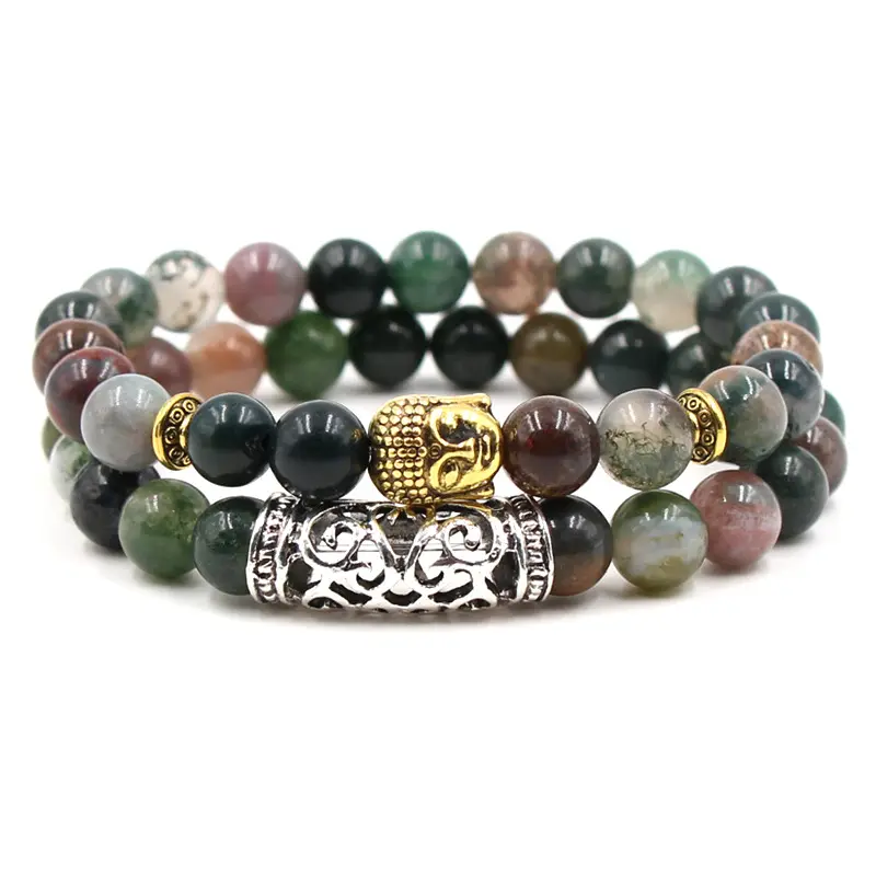 Gold Natural Indian agate Stone Silver Fati hand Lion owl Buddha Head bracelet jewelry sets chain and bead bracelet set for men