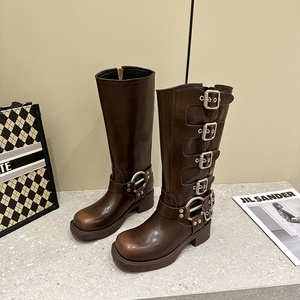 Autumn Winter Retro Women's Mid-Calf <strong>Square</strong> <strong>Toe</strong> Waterproof Motorcycle Western Cowboy <strong>Boots</strong> Chunky <strong>Heels</strong> Height Increasing Trend - Product Image 6