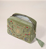 Sac de rangement portable en velours pour pinceaux de maquillage et cosmétiques, motif déesse du soleil brodé, avec fermeture éclair dorée