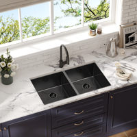 Évier de cuisine double sous plan en acier inoxydable SUS304 noir nano de style australien, calibre 16, avec accessoires, vente en gros