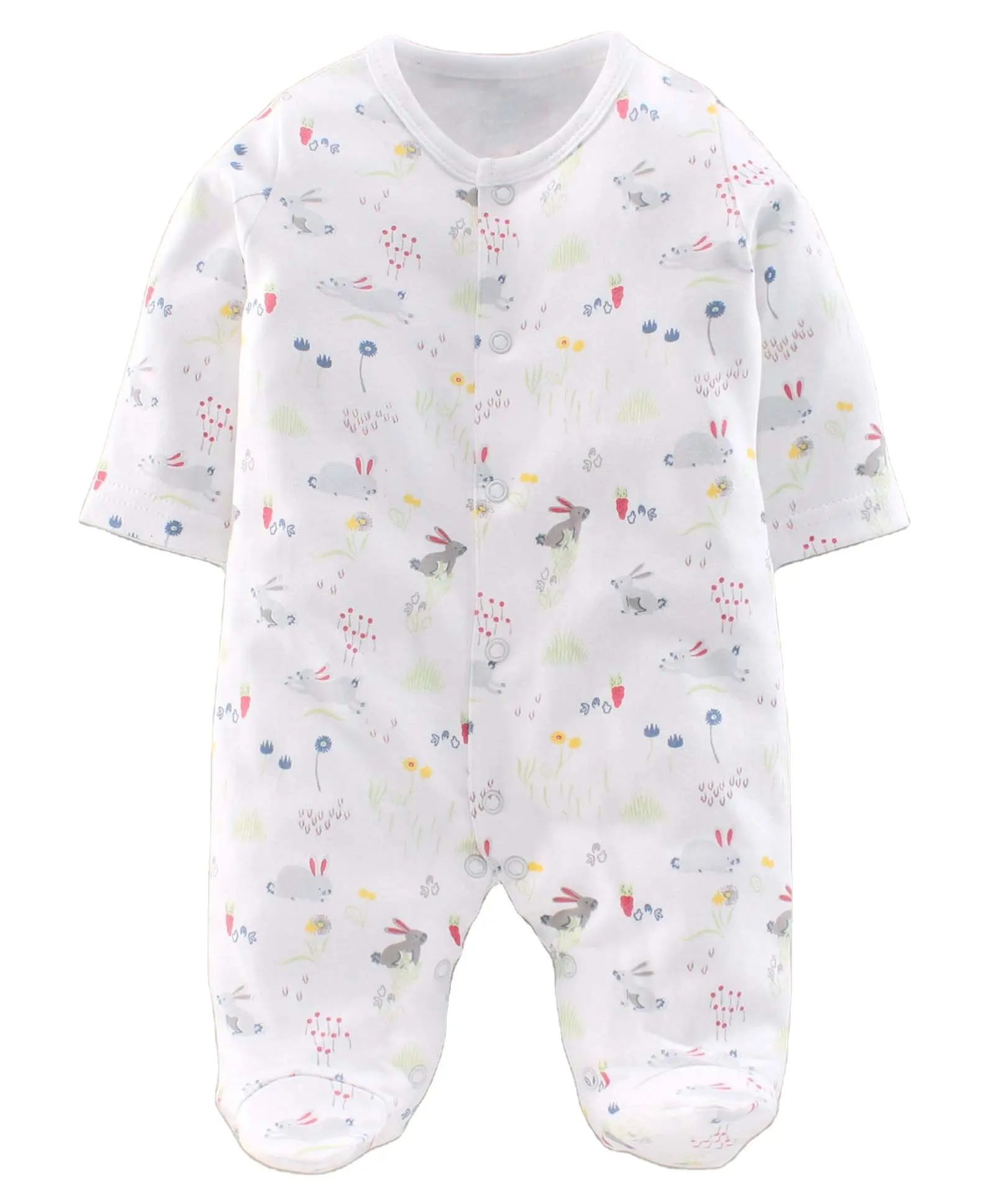 Natural latest design front snap closing whole sale price cute baby romper with foot