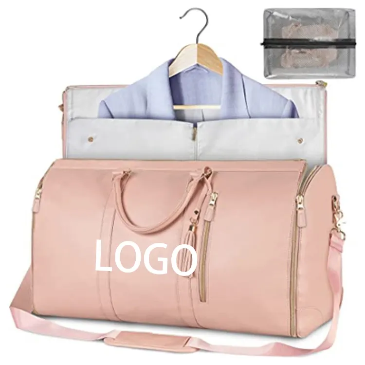 Logotipo personalizado luxo rosa multiúso duffel dobrável pu couro bagagem viagem sacos vestuário duffle bag com compartimento de sapato