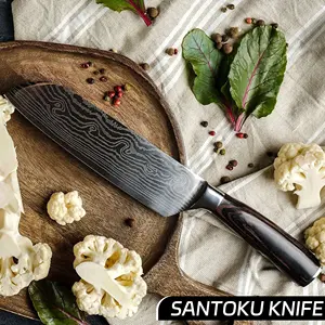 Pisau koki besi tahan karat karbon Jepang, set pisau dapur alat pengiris Santoku pola Laser Damaskus
