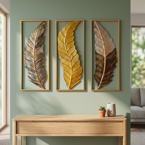 Juego de 3 Cuadros Decorativos Modernos con Plumas Doradas, Arte de Pared en Metal, Adornos Colgantes Florales y Botánicos - Product Image 4