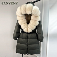 JANVENY Nouveau Manteau Long d'Hiver Chaud et Épais en Duvet de Canard Blanc 90%, pour Femme, avec Grand Col en Vraie Fourrure de Renard, Ceinture et Coupe Ample