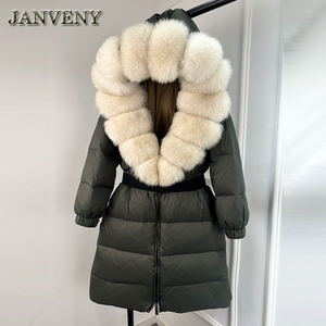 JANVENY Nuovo Parka Piumino <span class=keywords><strong>Lungo</strong></span> da <span class=keywords><strong>Donna</strong></span> Sciolto con Cintura, Caldo e Spesso, Imbottito al 90% in Piuma d'Anatra Bianca Naturale, Giacca Invernale con Grande Collo in Vera Pelliccia di Volpe - Product Image 5