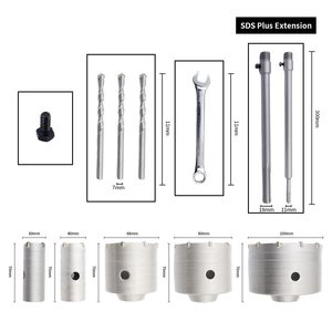 Set di Frese per Fori LAIWEI 11 Pezzi (30mm/40mm/68mm/80mm/100mm) con 3 Punte <span class=keywords><strong>SDS</strong></span>, 2 Adattatori da 300mm, Chiave Esagonale, Kit per Foratura del Calcestruzzo - Product Image 2