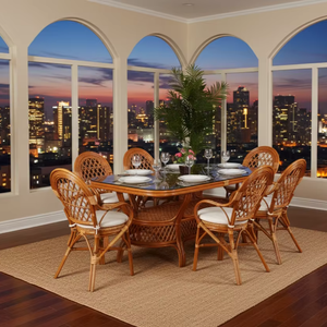 Ensemble de salle à manger JAVA 8 pièces en rotin/osier, table et chaises pour appartement, hôtel, maisons modernes, avec un confort de qualité supérieure - Product Image 1