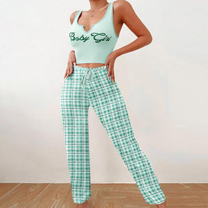 Conjunto de Pijama de Gasa sin Mangas para Mujer, Chaleco a Cuadros, Top con Estampado de Letras, Cuello en V, Transpirable, de Secado Rápido, Elástico, para Primavera/Otoño/Invierno - Product Image 3