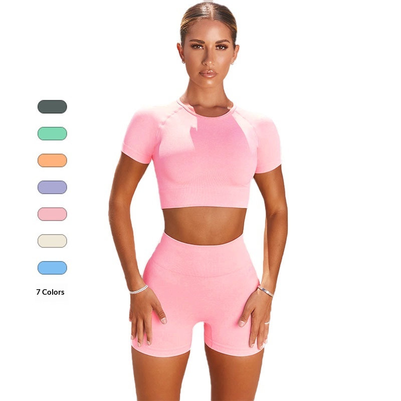 Seamless Spandex/Nylon Yoga Short-Sleeved Women's Moisture-Wicking Quick-Drying Sports Top Solid Color High Elastic Tight Simple