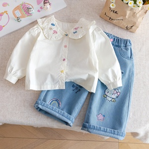 Camicetta per Ragazze con Maniche Lunghe, Stampa Ricamata a Cartoni Animati, Colletto a Bambola, per Uso Quotidiano Primaverile - Product Image 2