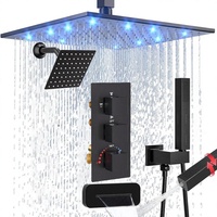 Système de douche thermostatique double tête Honajo avec douchettes LED 12 pouces et jet corporel complet 6 pouces, robinet 3 poignées en laiton noir mat inoxydable