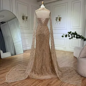 Abiti da Sera a Sirena Personalizzati Blu <span class=keywords><strong>Nude</strong></span> con Mantella <span class=keywords><strong>e</strong></span> Maniche Staccabili <span class=keywords><strong>e</strong></span> Allacciatura Posteriore per Occasioni Formali - Product Image 5
