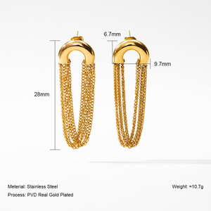 YF3990 Gioielli in Acciaio Inossidabile Placcati Oro 18k PVD, <span class=keywords><strong>Orecchini</strong></span> Lunghi a Forma di C con Due Pietre e Nappine per Donne - Product Image 3