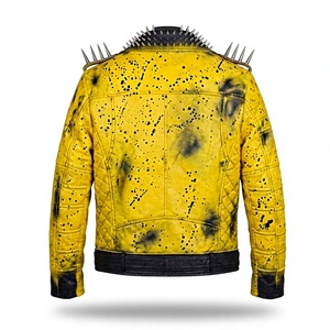 Men's Dyed Distressed Yellow Leather <b>Western</b> Biker <b>Jacket</b>-Hand-Painted Spiked Vintage with Turn-down Collar Breathable Winter - Product Image 2