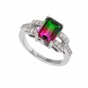 Bague de fiançailles en tourmaline pastèque taille émeraude, style Art Déco vintage, avec pierre précieuse bicolore, empilable, cadeau pour femme - Product Image 1