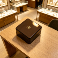 Boîte à bijoux en bois brun foncé brillant avec logo personnalisé, doublure en velours bordeaux pour bague, pendentif, emballage cadeau de luxe pour bijoux