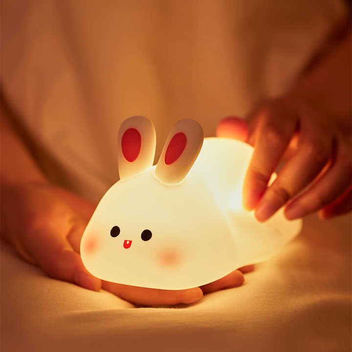 Gran oferta, luz nocturna de silicona, lámpara de silicona de conejito de dibujos animados, luces de noche de conejo bonitas, luz para dormir con palmaditas de conejo de carga para dormitorio