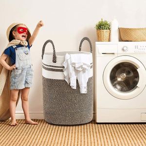 Grand panier de rangement en corde de coton tressé, panier à linge, panier pour couvertures et jouets avec poignée, panier à linge sale pliable - Product Image 6