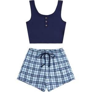 Ensemble pyjama décontracté pour femme : débardeur boutonné et short à carreaux, en maille douce, deux pièces - Product Image 1