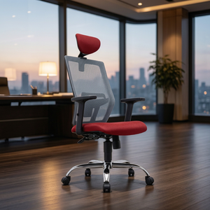 Chaise de bureau ergonomique moderne en maille, siège rouge, base chromée, accoudoirs fixes, appui-tête intégré, pivotante, design contemporain, manuelle - Product Image 1