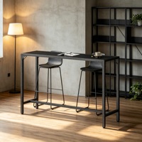 Console industrielle longue en bois de noyer foncé avec plateau à lattes et structure en métal noir mat pour entrée, canapé, maison, café