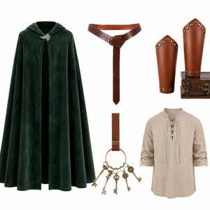 Accessoire de costume de <span class=keywords><strong>ranger</strong></span> médiéval : Cape à capuche en velours, Chemise en lin à lacets, Ceinture en cuir celtique, Protège-poignets à rivets, Porte-clés squelette - Product Image 4