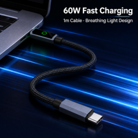 Câble USB PD 60W tressé avec design lumineux respirant en alliage d'aluminium, compatible avec ordinateur portable, moniteur, téléphone portable