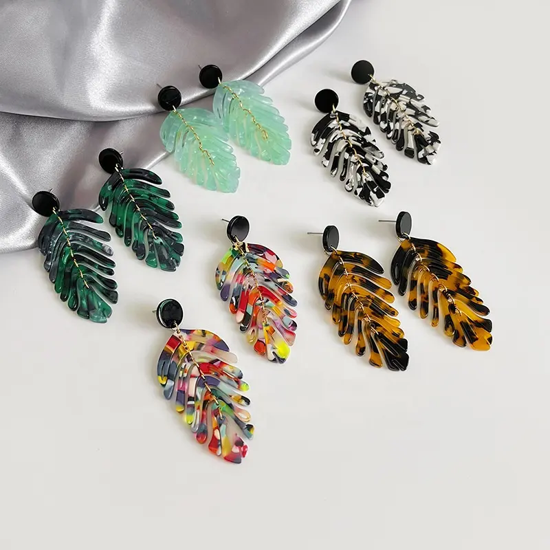 2022 Vintage Style Acetic Acid Leaf Shape Drop Dangle Earrings Boho Women Colorful Resin Acrylic Leaf Earrings