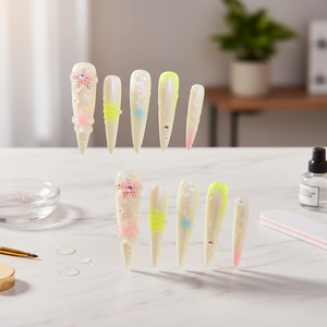 Punte per unghie a feretro lunghe di lusso stile giallo elegante Aura con mezze copri addominali per unghie - Product Image 3