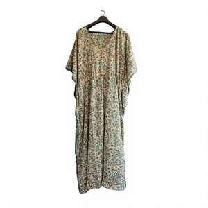Indian Vintage Silk <b>Kaftan</b> Women's Plus Size Summer Maxi <b>Dress</b> Natural Waistline Floral Print V-Neck Loose Fit Breathable - Product Image 1
