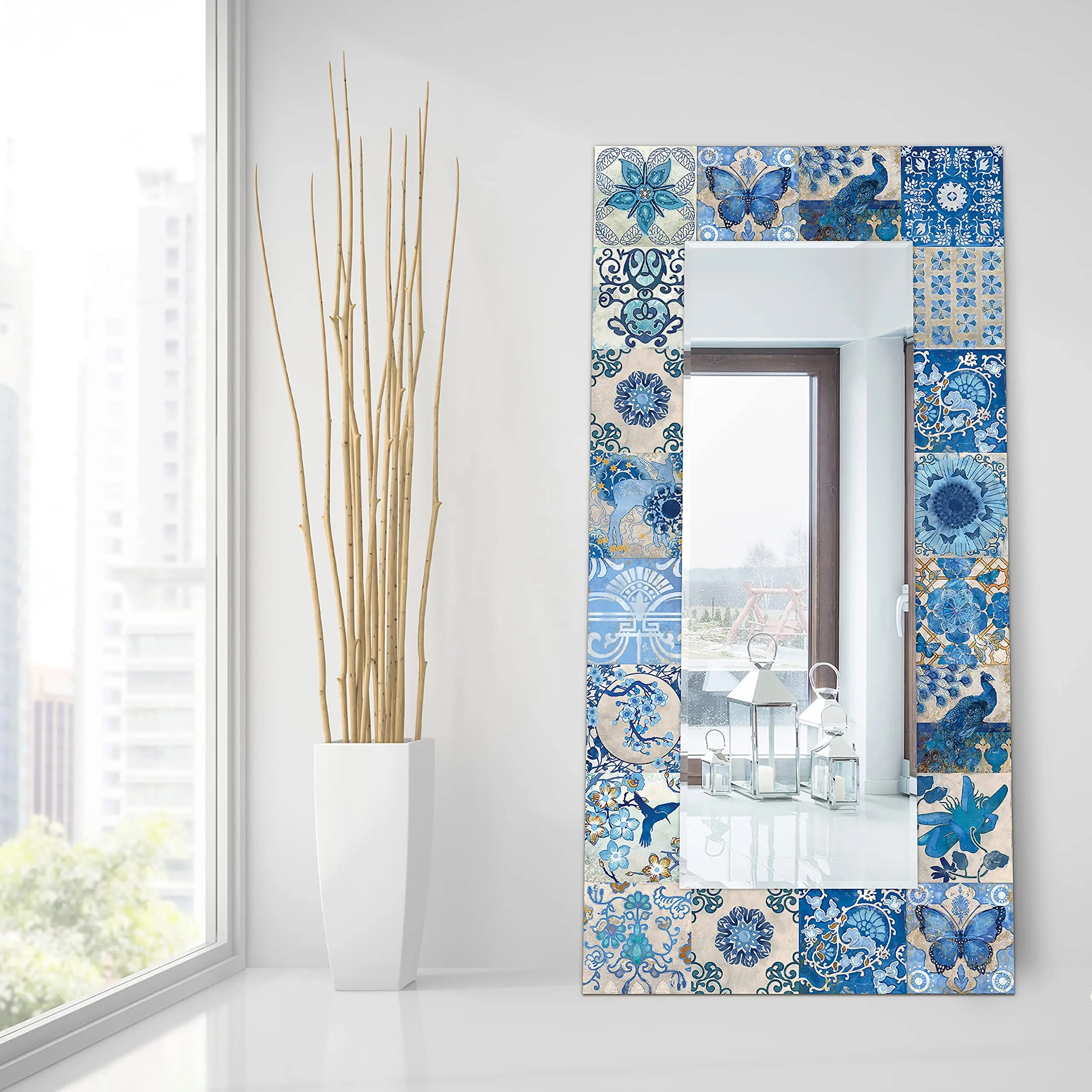 Decoración espejo de pared con marco de vidrio impreso espejo de baño personalizado espejos de pie de piso grande para sala de estar