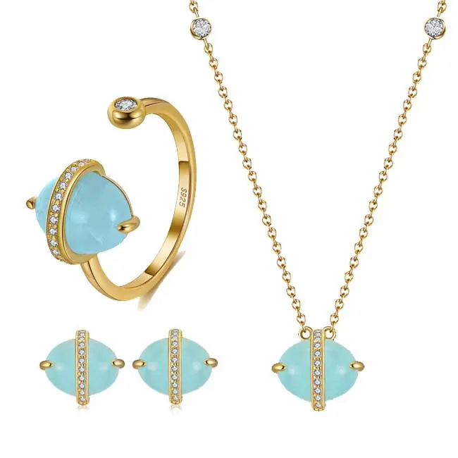 Rintin GM Set Perhiasan Aquamarine Alami, Kalung Perak 100% Sterling, Set Perhiasan Batu Permata 925 untuk Wanita Gadis