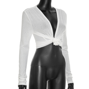 Viviblook J26TP400 <b>Women</b> Autumn Winter Solid Color Deep V Long Sleeved Twisted <b>Cardigan</b> Top Crop Top <b>for</b> Ladies - Product Image 4