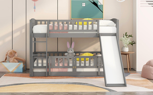 Lit superposé gris double avec glissière, barrière de sécurité et échelle robuste pour la chambre des enfants et des adolescents - Product Image 5