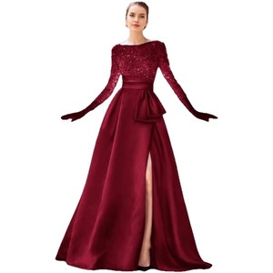 Black Long Sleeve <b>Sequined</b> Evening Gown Boat Neck High Slit Full Length Formal Dress For Banquet Party - Product Image 5