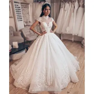 High Quality Princess ball gown Wedding Dresses high neck Dubai Arabic bridal gowns Corset Design beaded lace vestidos de novia